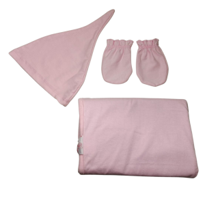 Cueiro para Bebê de Malha Dupla Face rosa liso+ touca e luvas