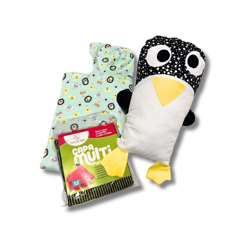 Kit Enxoval 1 Bem-vindo! Toalha de Banho com capuz Naninha Pinguim e Capa Multifuncional
